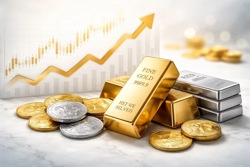 Grafico stilizzato del prezzo di oro e argento con lingotti e monete su sfondo chiaro