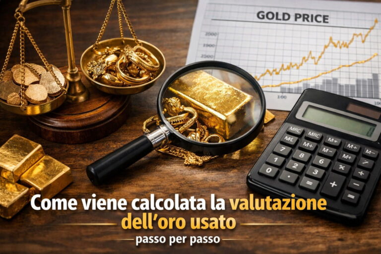 Valutazione dell’oro usato: bilancia di precisione, gioielli in oro e strumenti di calcolo