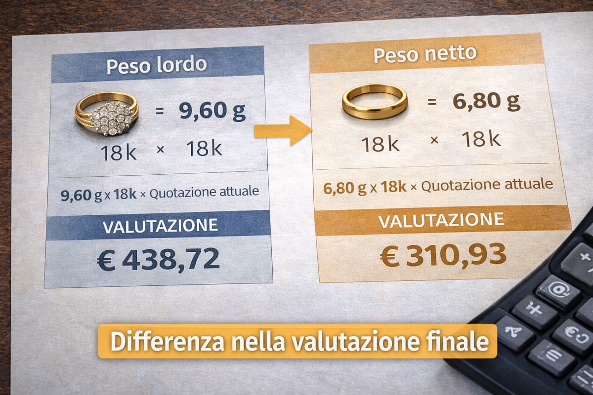 Confronto tra peso lordo e peso netto e differenza nella valutazione finale dell’oro usato