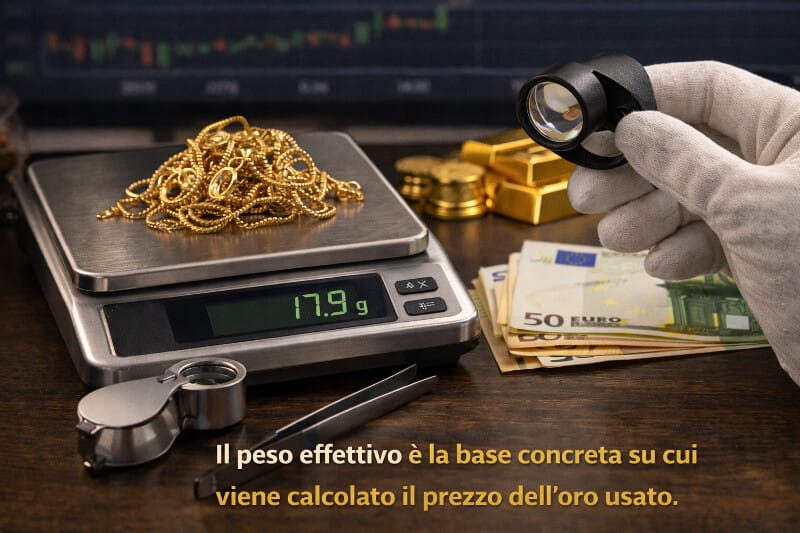 Pesatura dell’oro usato su bilancia professionale