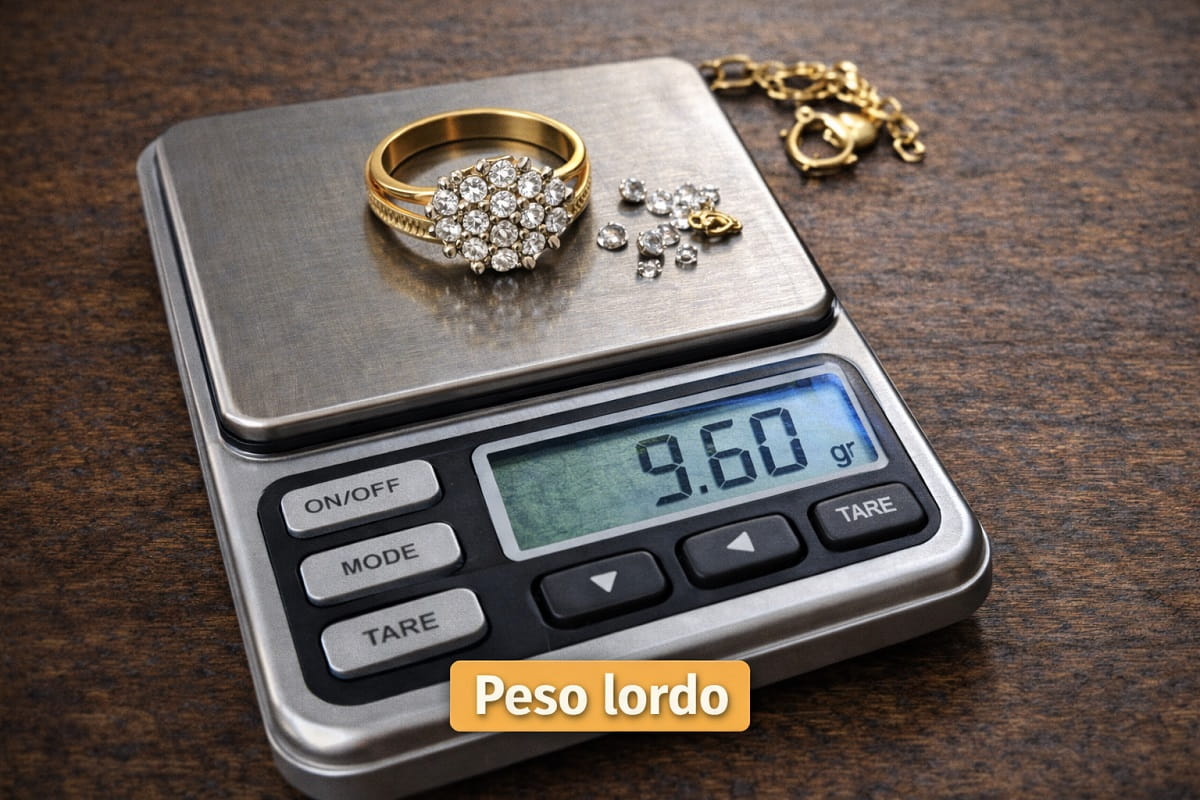 Peso lordo dell’oro usato su bilancia di precisione con gioiello completo
