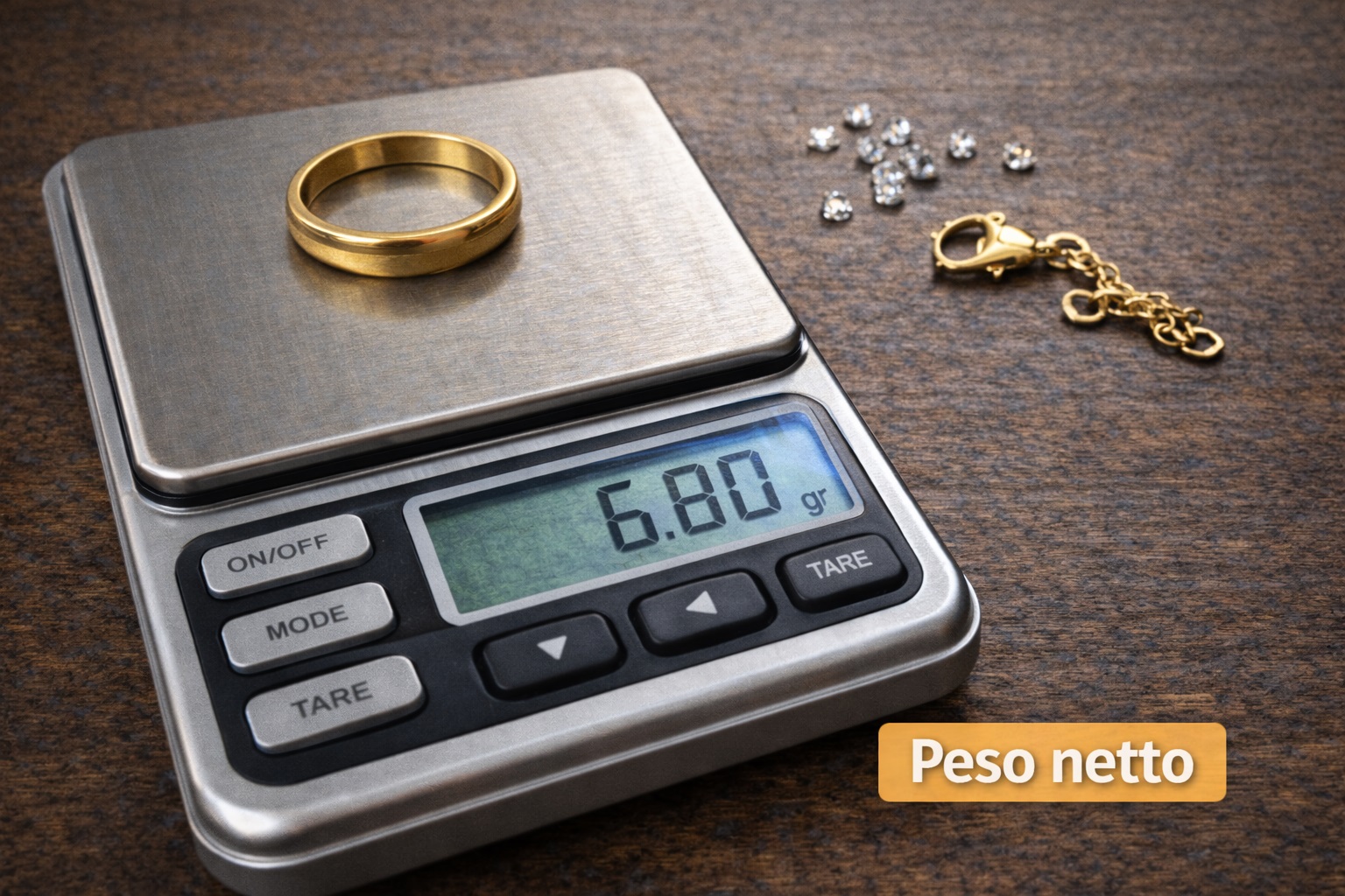 Peso netto dell’oro usato: solo la parte in oro sulla bilancia con pietre e componenti esclusi a lato