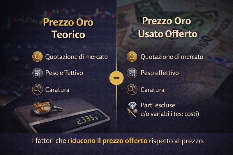 Confronto tra prezzo teorico e prezzo finale nella vendita di oro usato