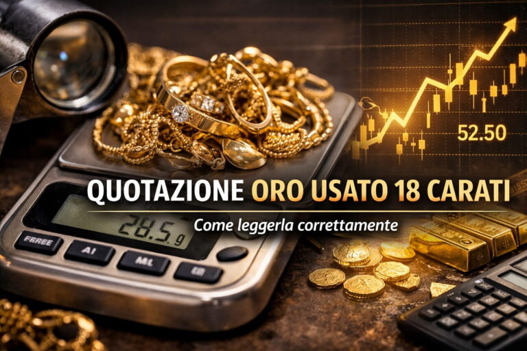 Quotazione oro usato 18 carati: gioielli in oro su bilancia digitale e grafico del prezzo