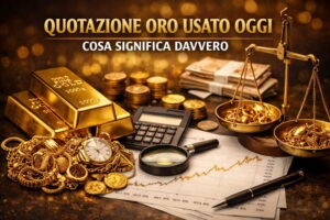 Quotazione dell’oro usato oggi con gioielli, bilancia e strumenti di valutazione