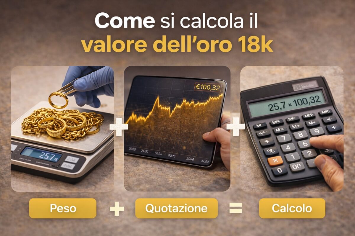 Calcolo del valore dell'oro 18 carati con peso quotazione e formula di valutazione
