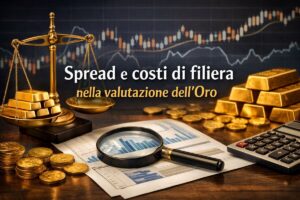 Bilancia con lingotti d’oro, grafici finanziari e strumenti di calcolo per spiegare spread e costi di filiera nella valutazione dell’oro