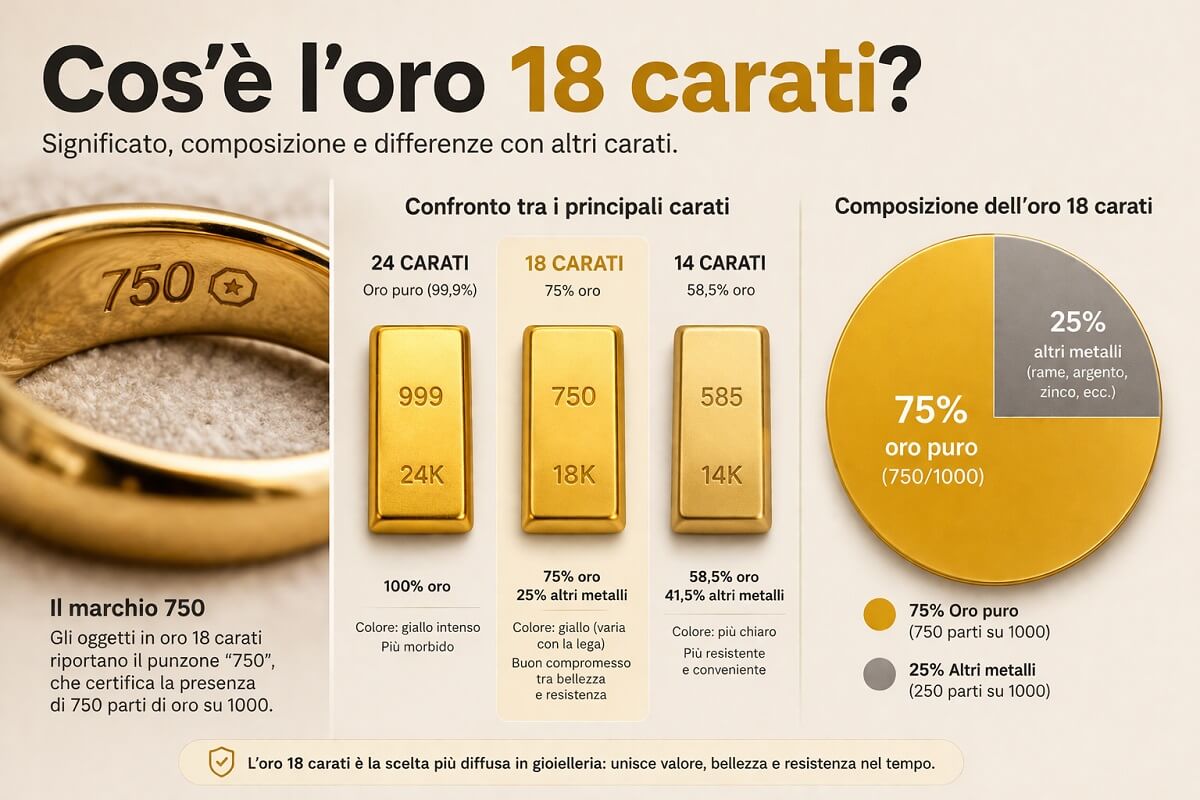 Marchio 750 su gioiello in oro 18 carati con spiegazione del titolo e della composizione