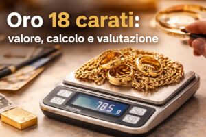 oro 18 carati valore al grammo su bilancia durante valutazione