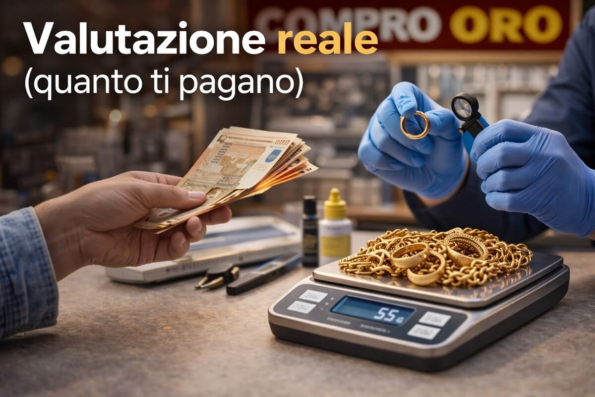 Valutazione reale dell'oro 18 carati in negozio con bilancia gioielli e prezzo finale