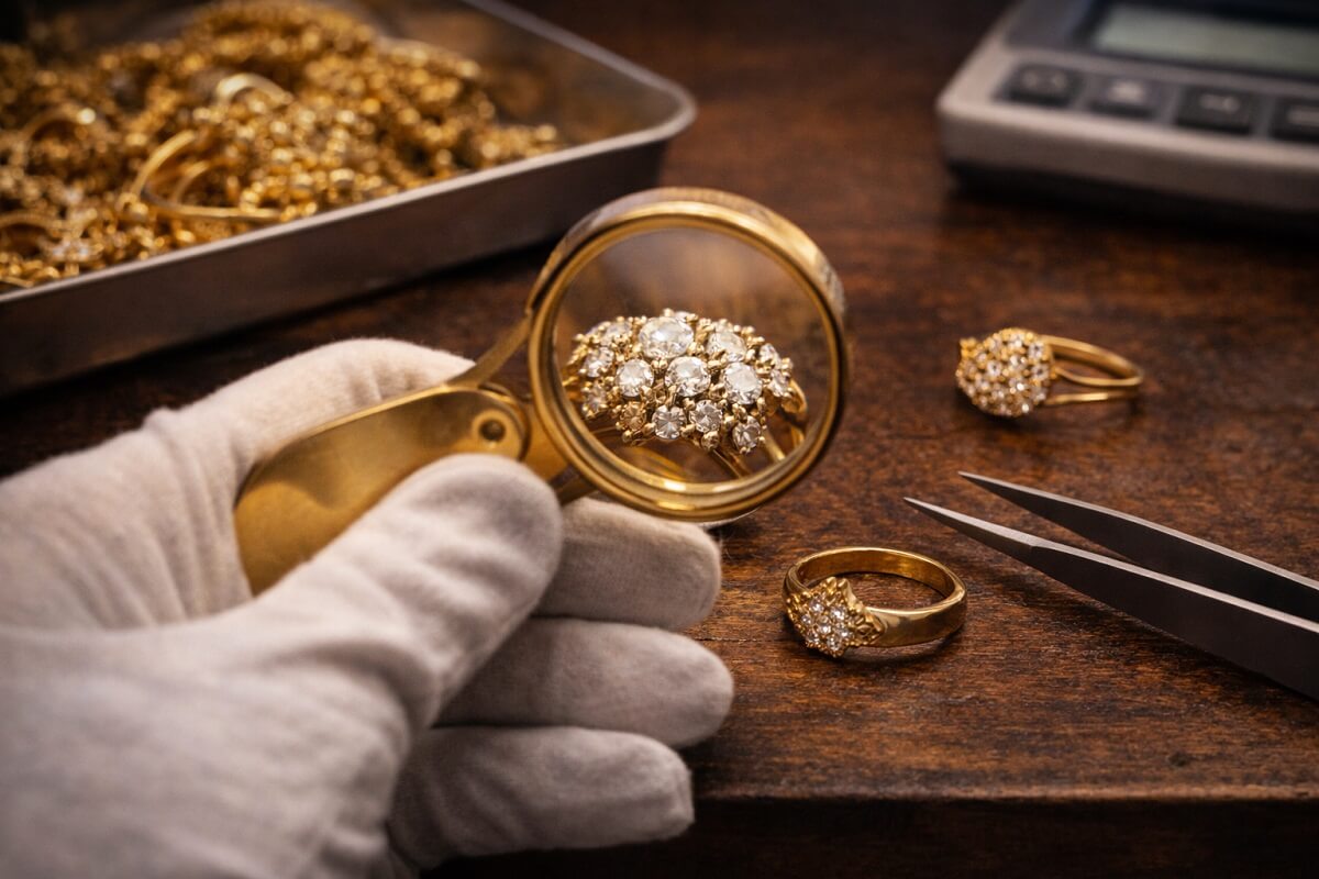Controllo di un gioiello in oro con lente durante la valutazione